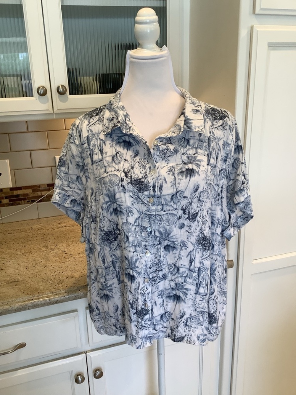 Rachel Zoe Blue & White Jungle Palm-Print Linen Button Down Shirt XL